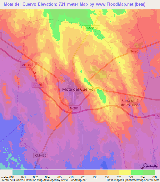 Mota del Cuervo,Spain Elevation Map
