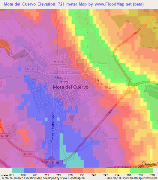 Mota del Cuervo,Spain Elevation Map