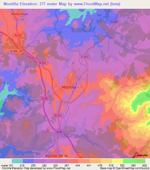 Montilla,Spain Elevation Map