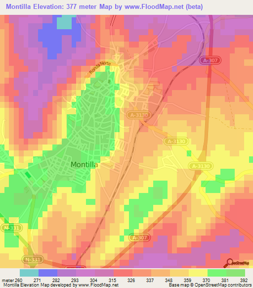 Montilla,Spain Elevation Map