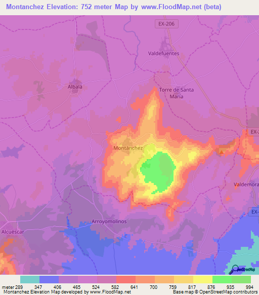 Montanchez,Spain Elevation Map