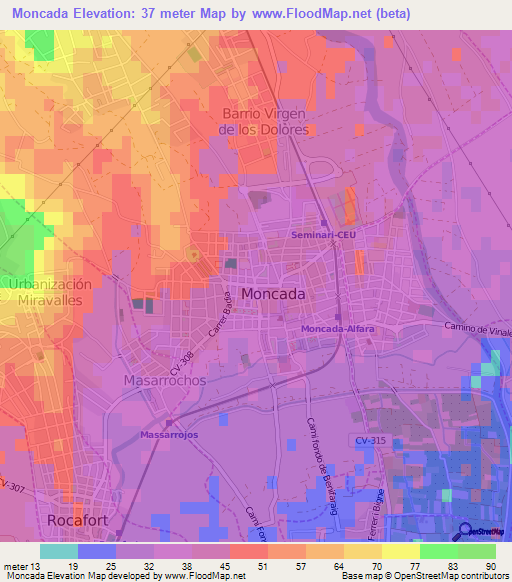 Moncada,Spain Elevation Map