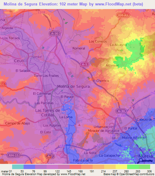 Molina de Segura,Spain Elevation Map