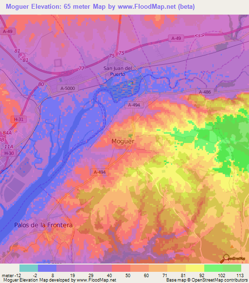 Moguer,Spain Elevation Map