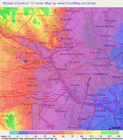 Mislata,Spain Elevation Map