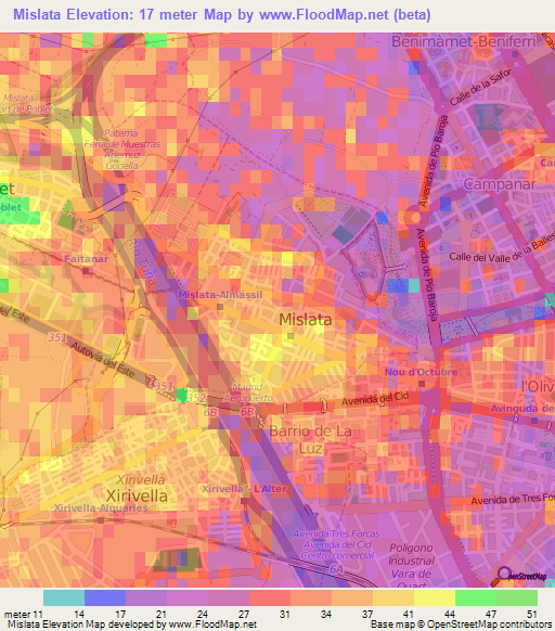 Mislata,Spain Elevation Map