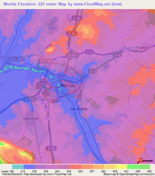 Merida,Spain Elevation Map