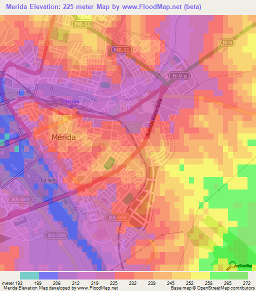 Merida,Spain Elevation Map