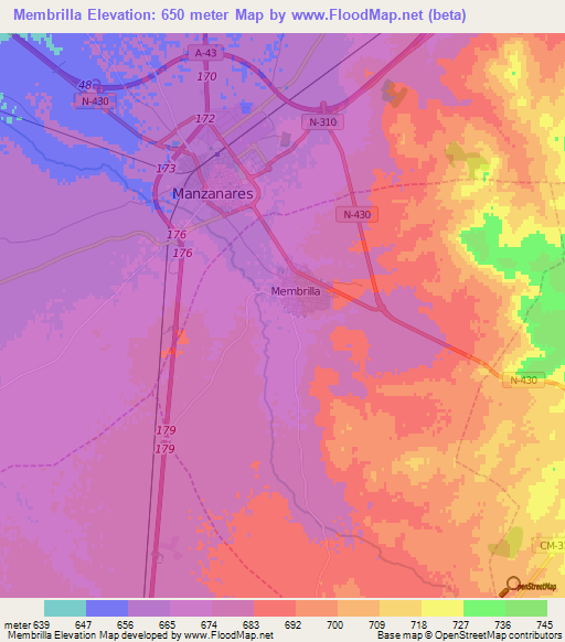Membrilla,Spain Elevation Map