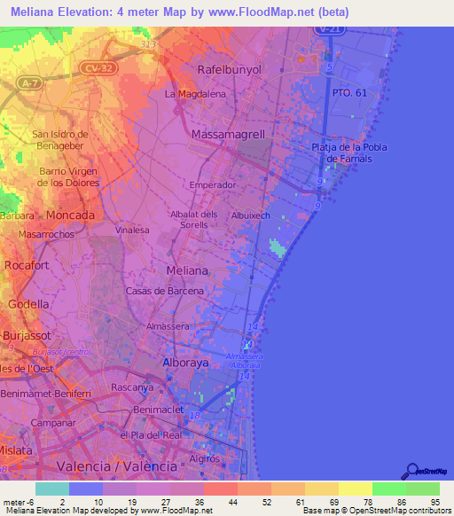 Meliana,Spain Elevation Map