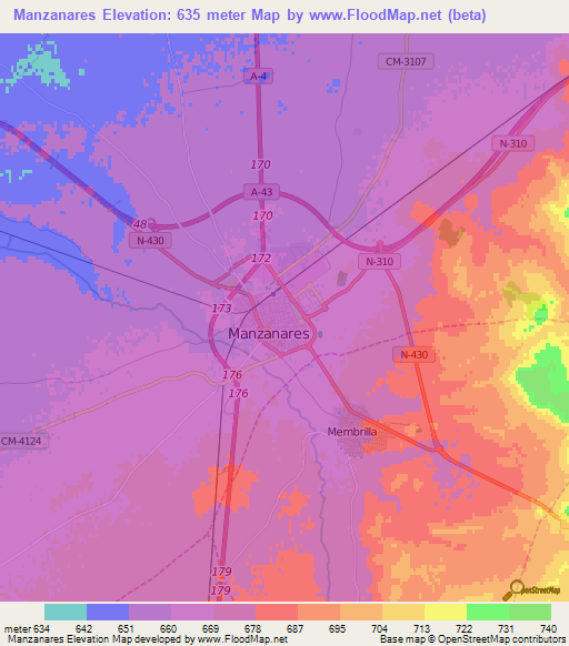 Manzanares,Spain Elevation Map