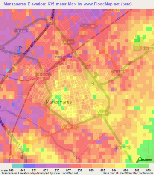 Manzanares,Spain Elevation Map