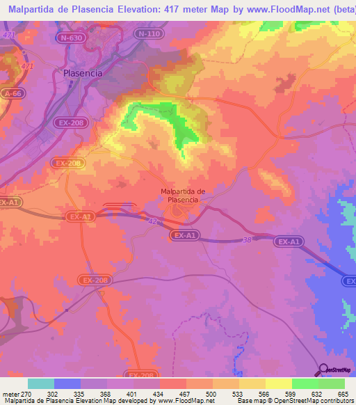 Malpartida de Plasencia,Spain Elevation Map