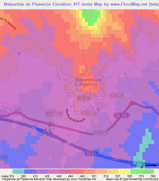 Malpartida de Plasencia,Spain Elevation Map