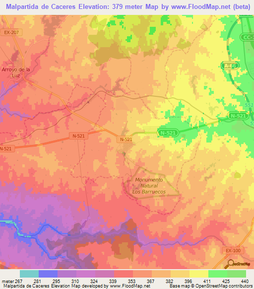 Malpartida de Caceres,Spain Elevation Map