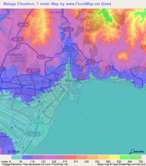 Malaga,Spain Elevation Map