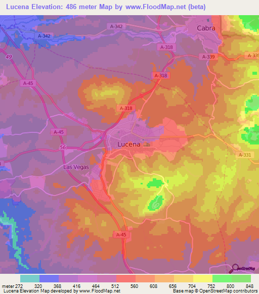 Lucena,Spain Elevation Map