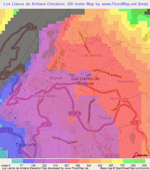 Los Llanos de Aridane,Spain Elevation Map