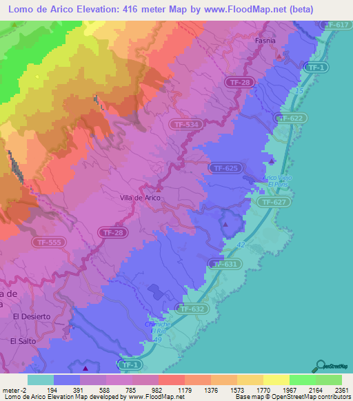 Lomo de Arico,Spain Elevation Map