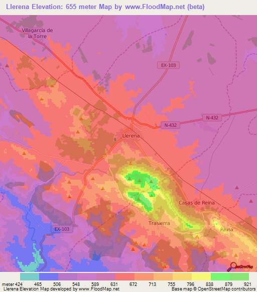 Llerena,Spain Elevation Map