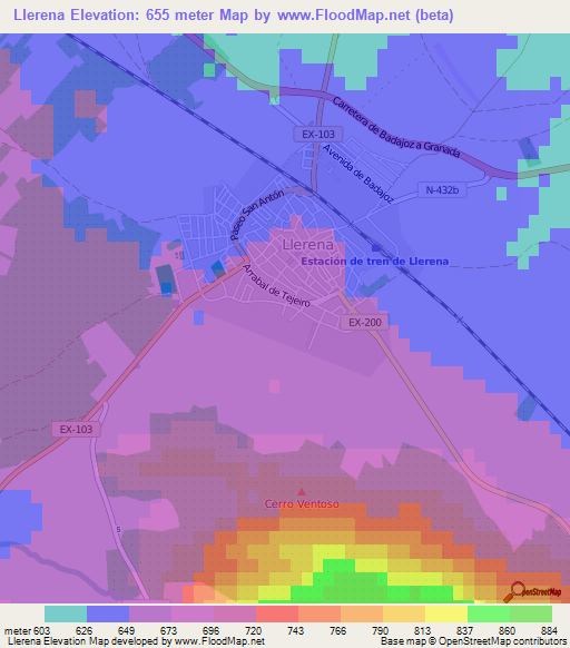 Llerena,Spain Elevation Map