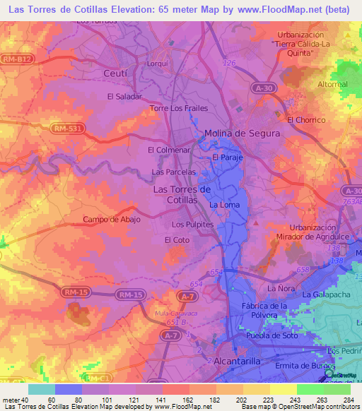 Las Torres de Cotillas,Spain Elevation Map