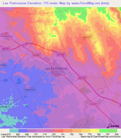 Las Pedroneras,Spain Elevation Map