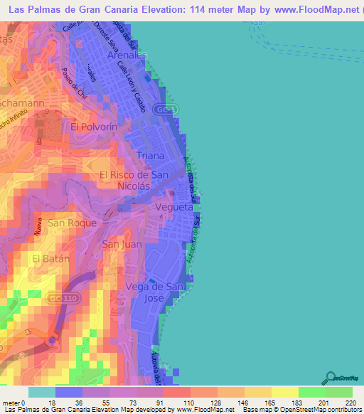 Las Palmas de Gran Canaria,Spain Elevation Map