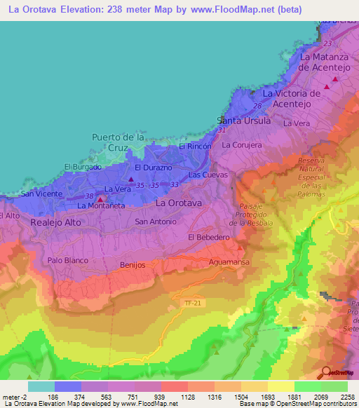 La Orotava,Spain Elevation Map