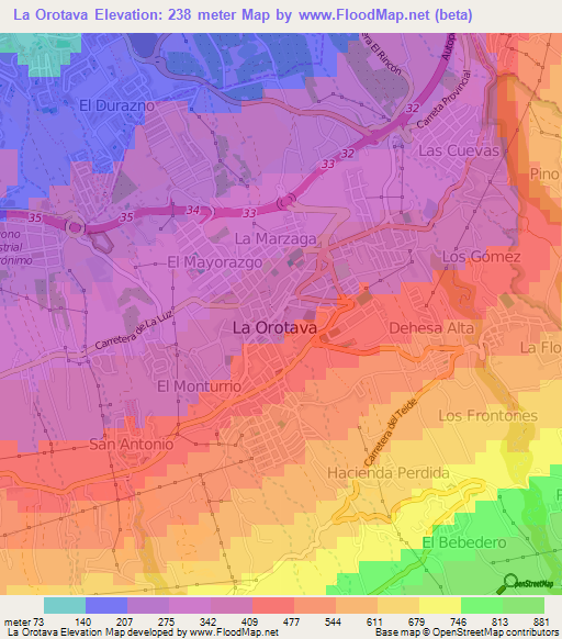 La Orotava,Spain Elevation Map