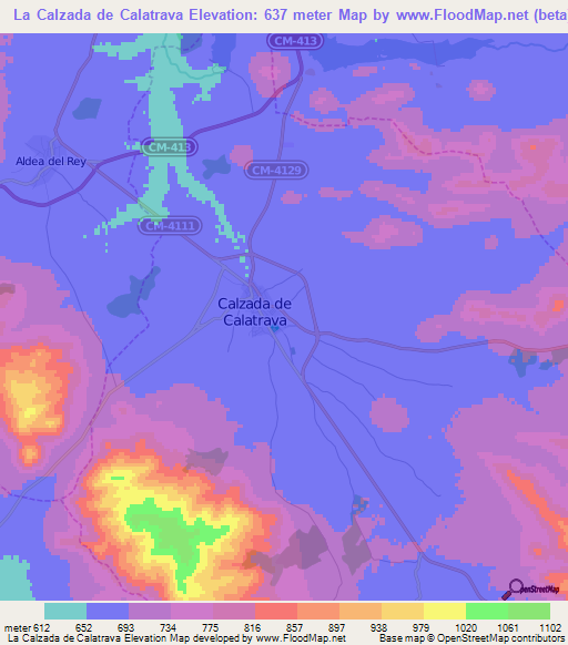 La Calzada de Calatrava,Spain Elevation Map