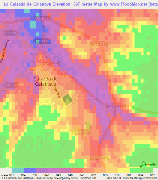 La Calzada de Calatrava,Spain Elevation Map