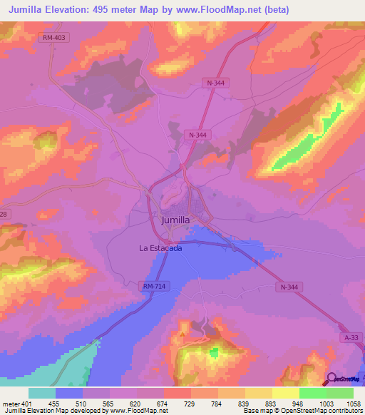 Jumilla,Spain Elevation Map