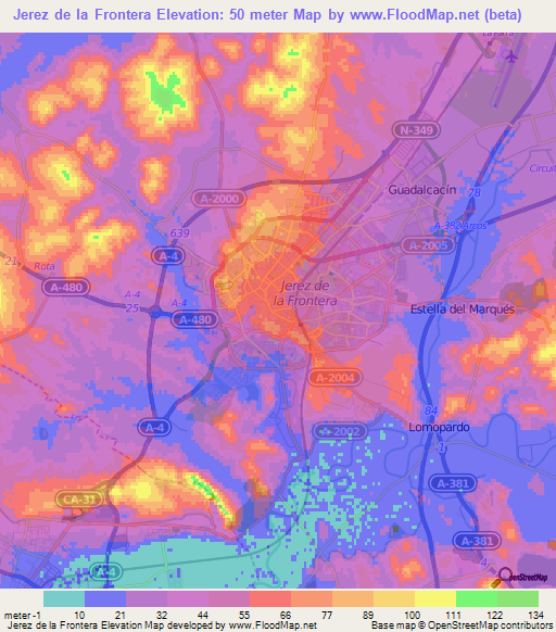 Jerez de la Frontera,Spain Elevation Map