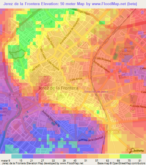 Jerez de la Frontera,Spain Elevation Map