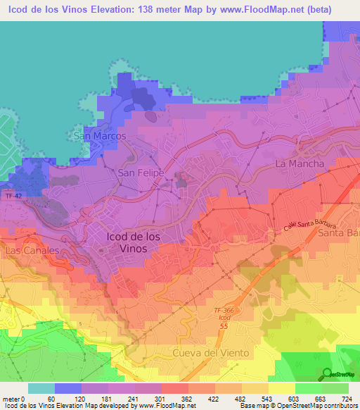 Icod de los Vinos,Spain Elevation Map