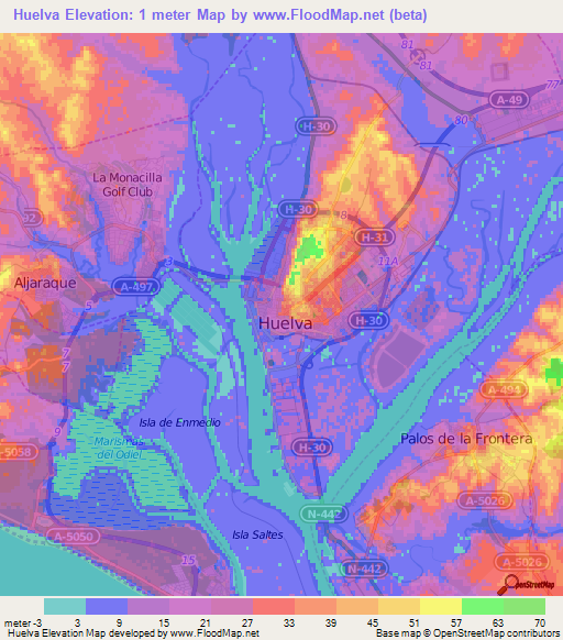 Huelva,Spain Elevation Map