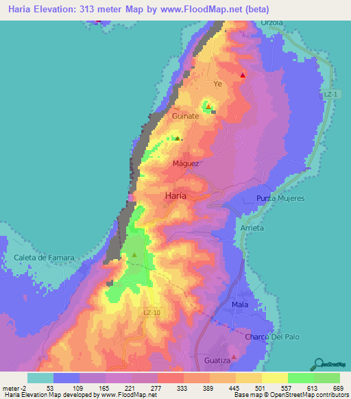 Haria,Spain Elevation Map