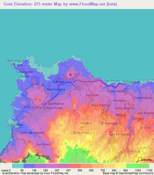 Guia,Spain Elevation Map