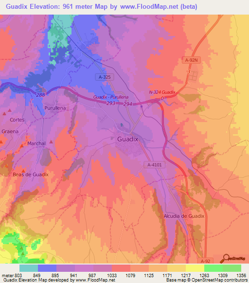 Guadix,Spain Elevation Map