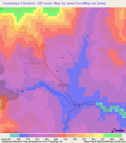 Guadalupe,Spain Elevation Map