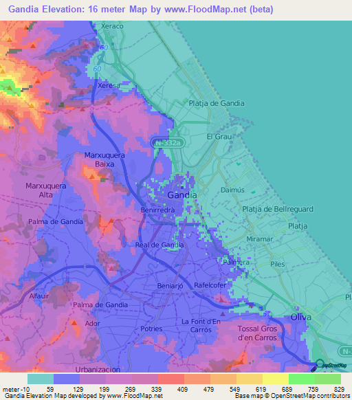 Gandia,Spain Elevation Map