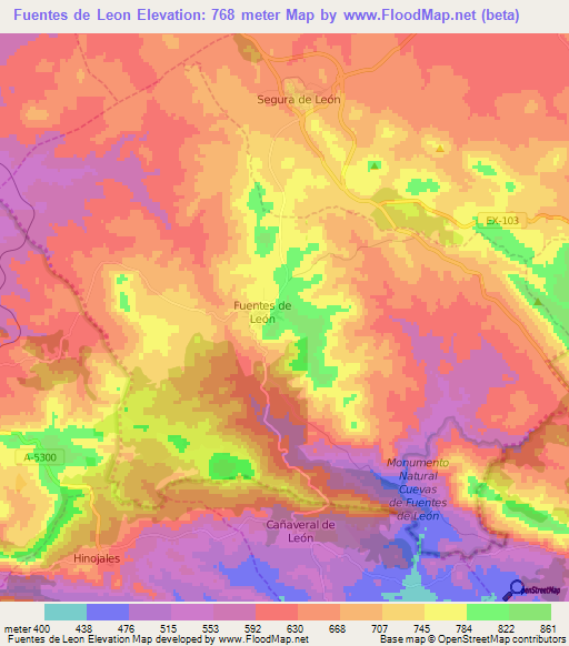 Fuentes de Leon,Spain Elevation Map