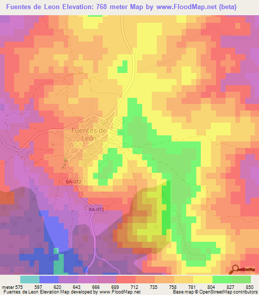 Fuentes de Leon,Spain Elevation Map