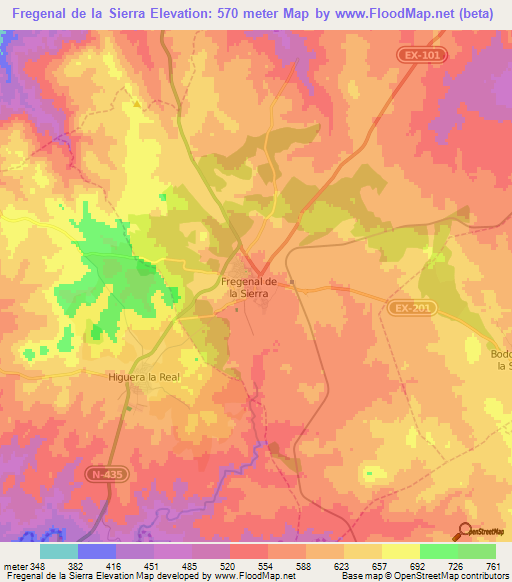 Fregenal de la Sierra,Spain Elevation Map