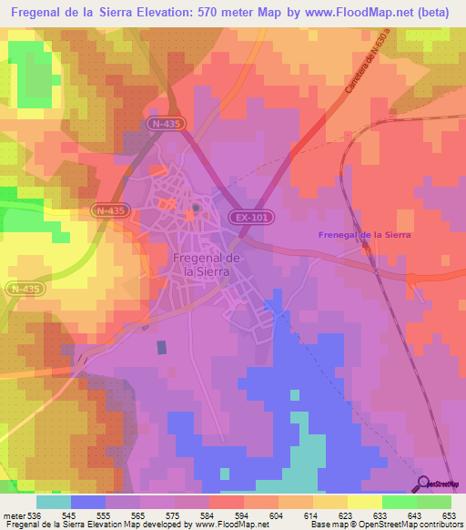 Fregenal de la Sierra,Spain Elevation Map