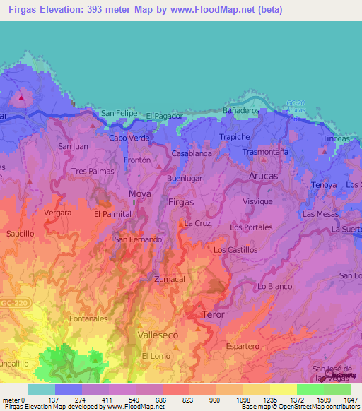 Firgas,Spain Elevation Map