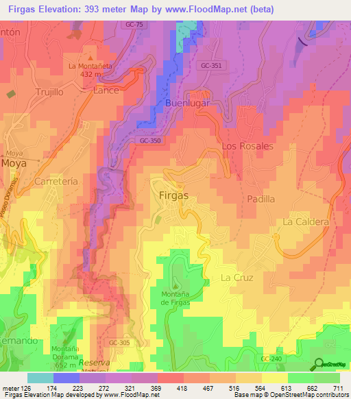 Firgas,Spain Elevation Map