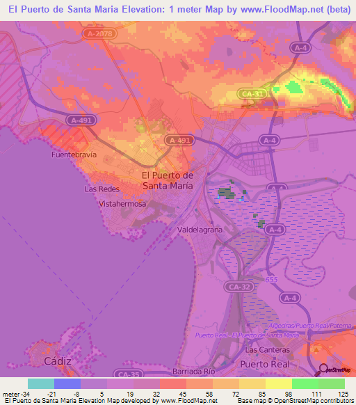 El Puerto de Santa Maria,Spain Elevation Map