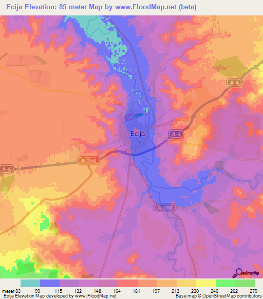 Ecija,Spain Elevation Map